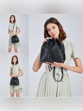 Kilamal Black Leather Women’s Drawstring Bucket Bag  NWT